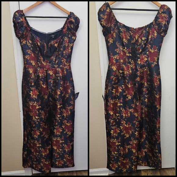 NWT Lulu's Navy Floral Wide Leg Jacquard Jumpsuit Size Lg Heritage Victorian - Picture 2 of 6